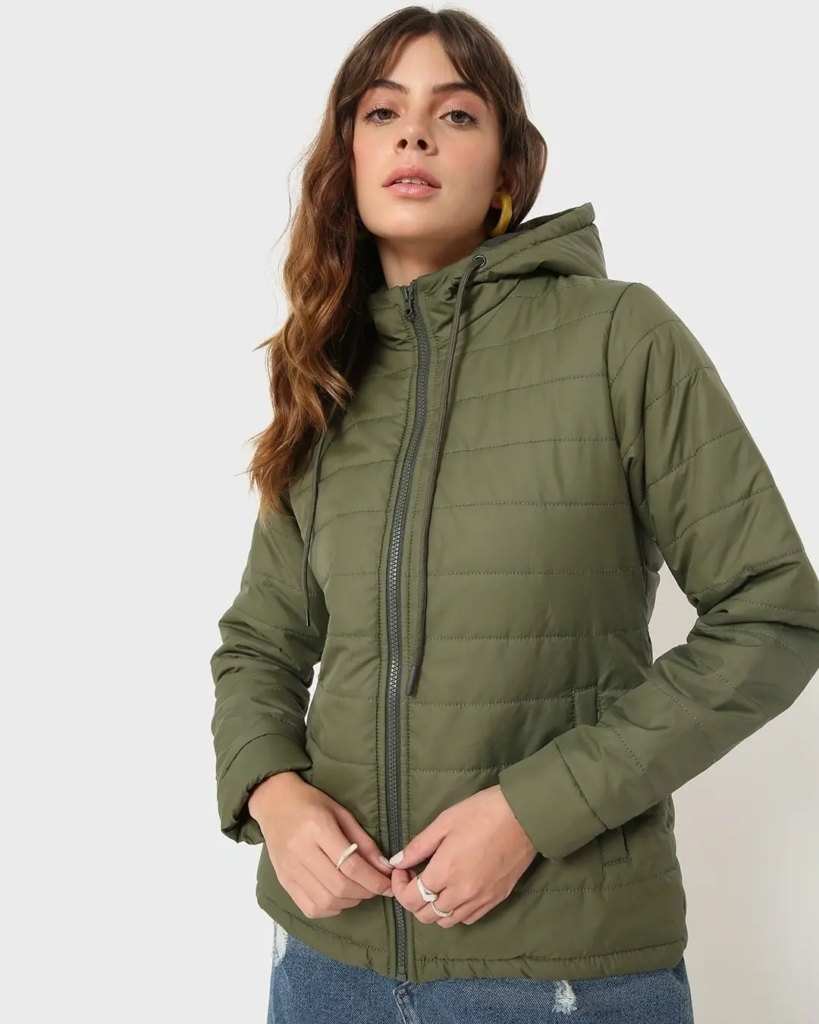 Women's Olive Plus Size Relaxed Fit Puffer Jacket Hoodie - Best Women's Jackets