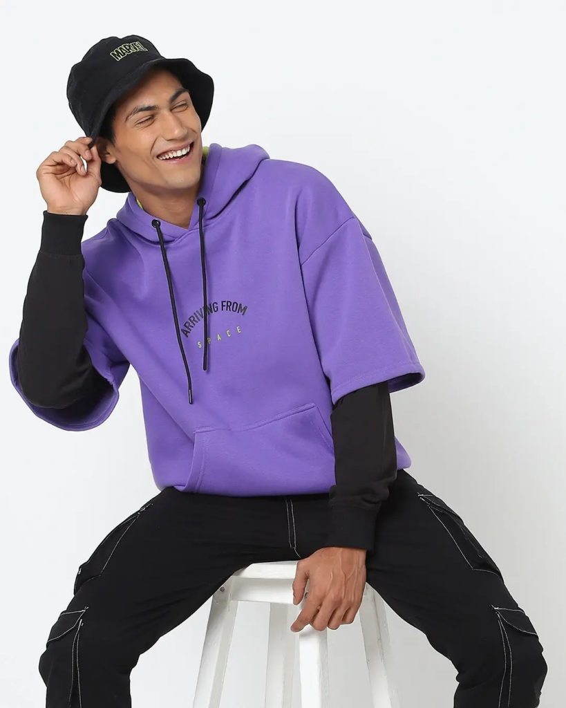 Men's Purple Arriving From space Typography Oversized Hoodie