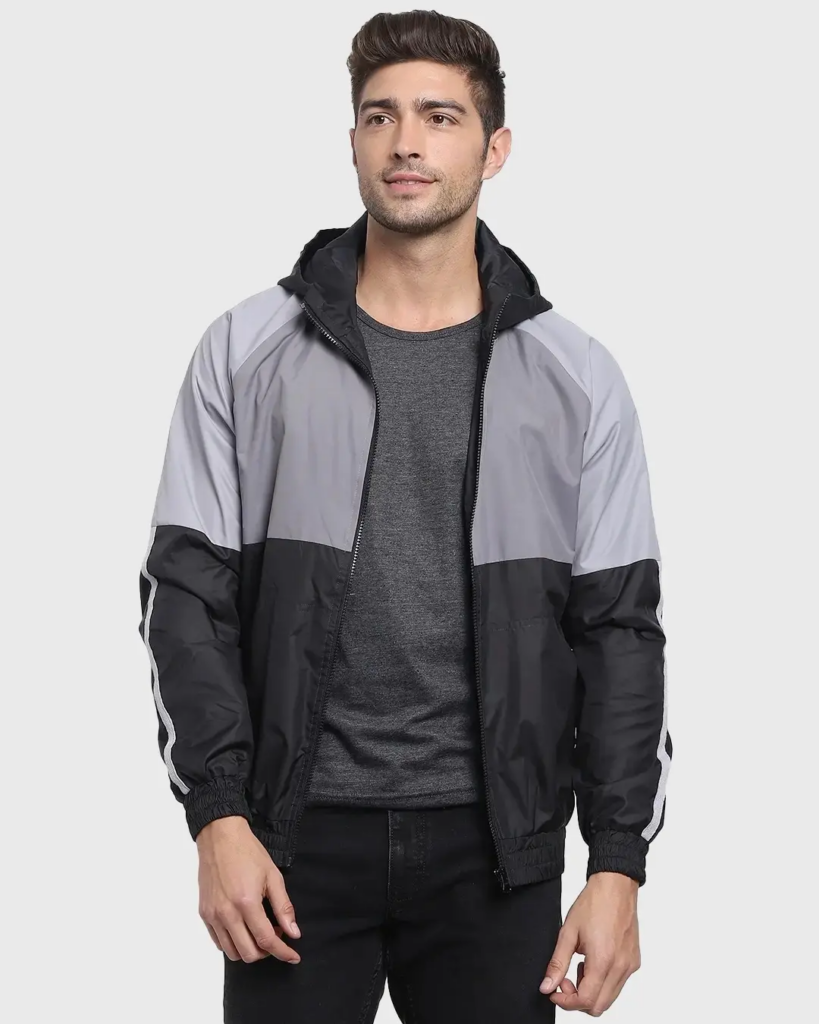 Men's Black & Grey Color Block Plus Size Windcheater Jacket