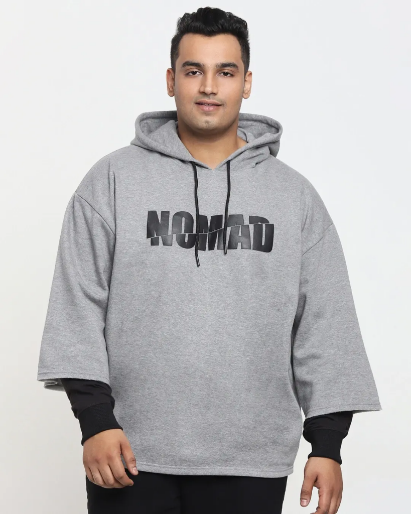 Men's Grey No Mad Typography Super Loose Fit Plus Size Hoodie