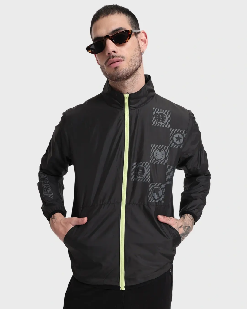 Men's Black Printed Plus Size Windcheater Jacket
