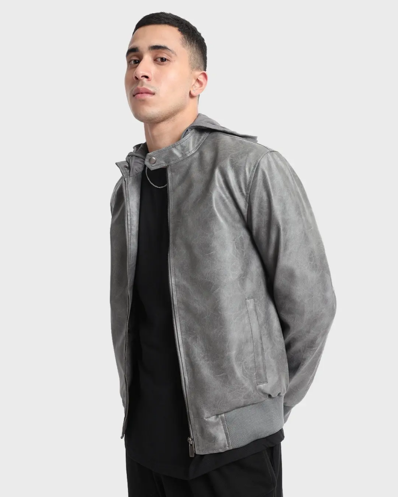 Men's Grey Hooded PU Jacket