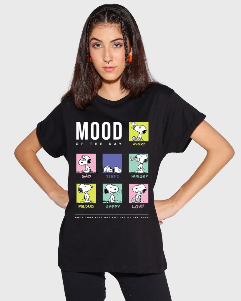 Women's Black Snoopy Moods Graphic Printed Boyfriend T-shirt