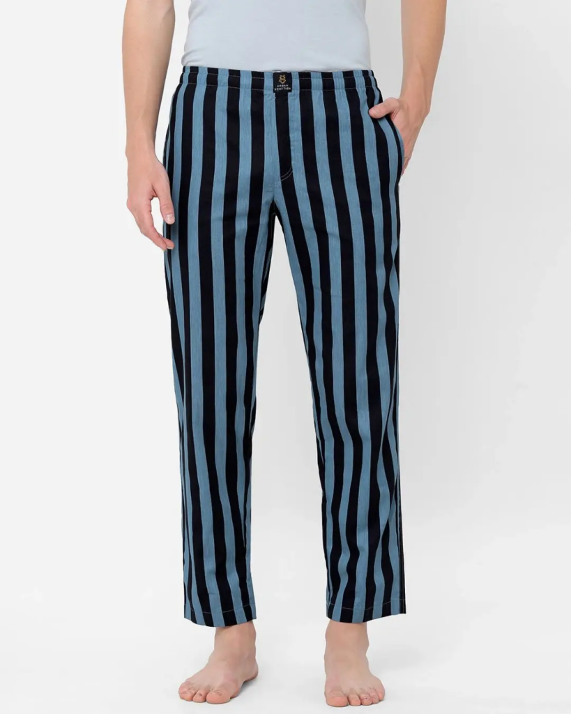 Men's Blue & Black Striped Cotton Lounge Pants