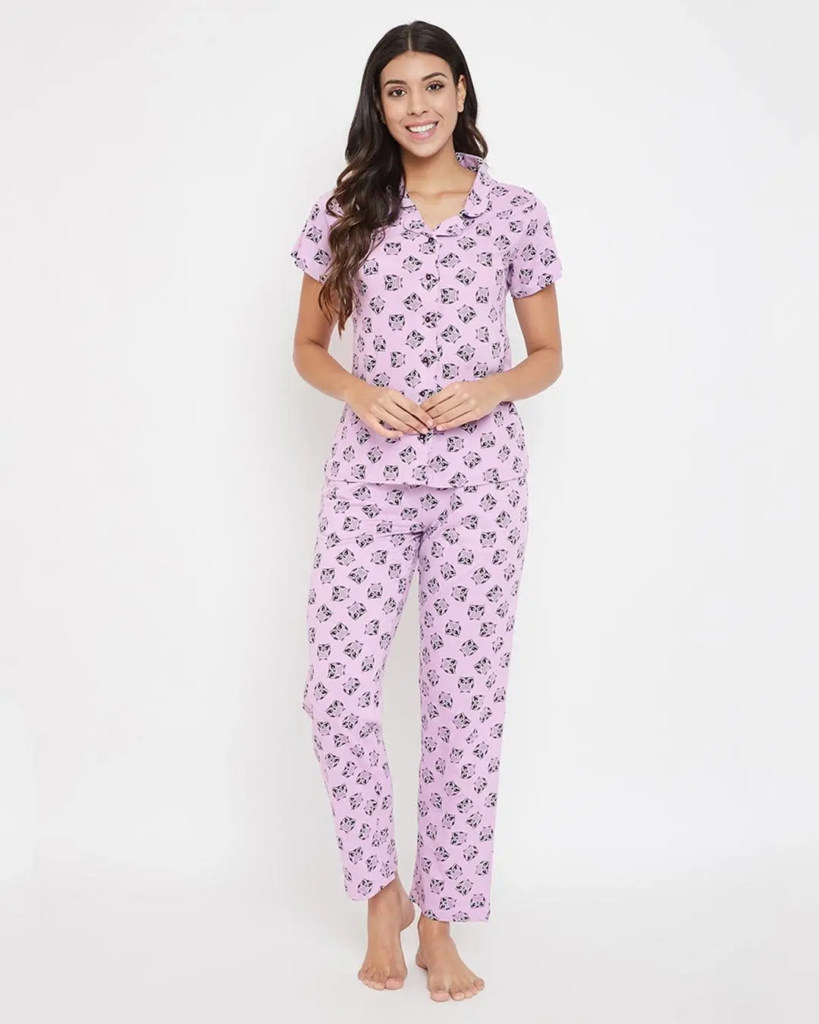 Owl Print Button Me Up Shirt & Pyjama Set In Lilac