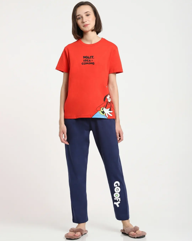 Women's Red & Blue Typography T-shirt & Pyjama Set