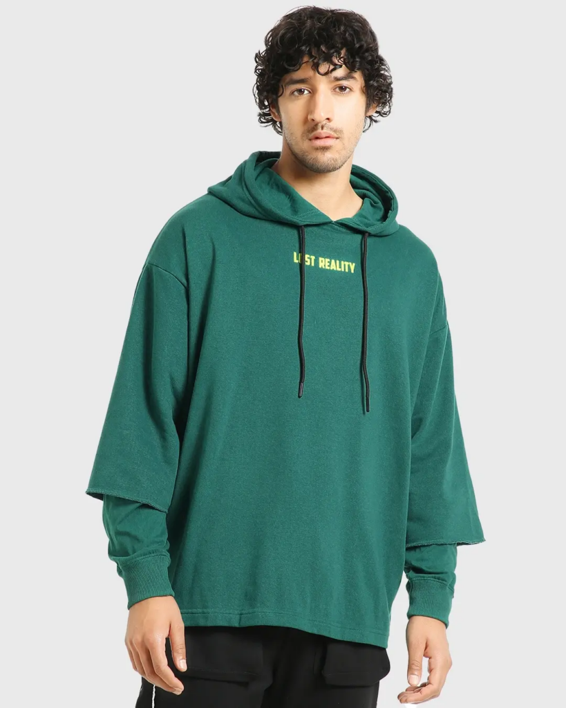 Men's Green Lost Reality Typography Super Loose Fit Hoodie