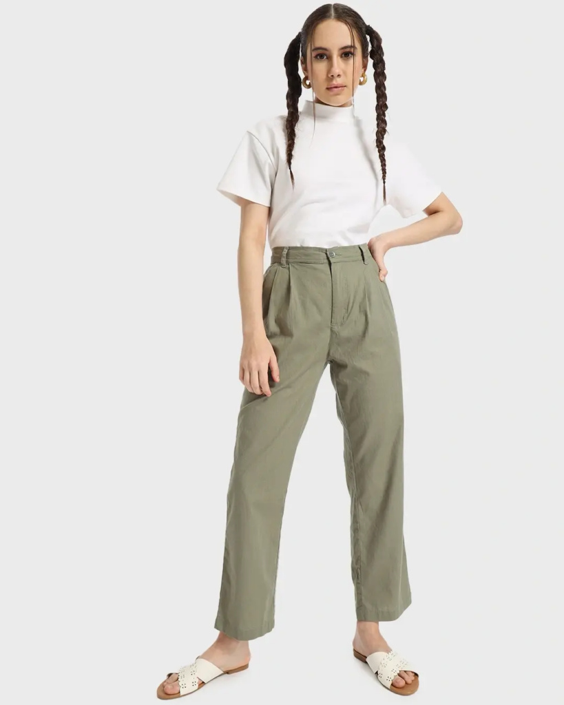 Women's Sage Green Cotton Flared Pants