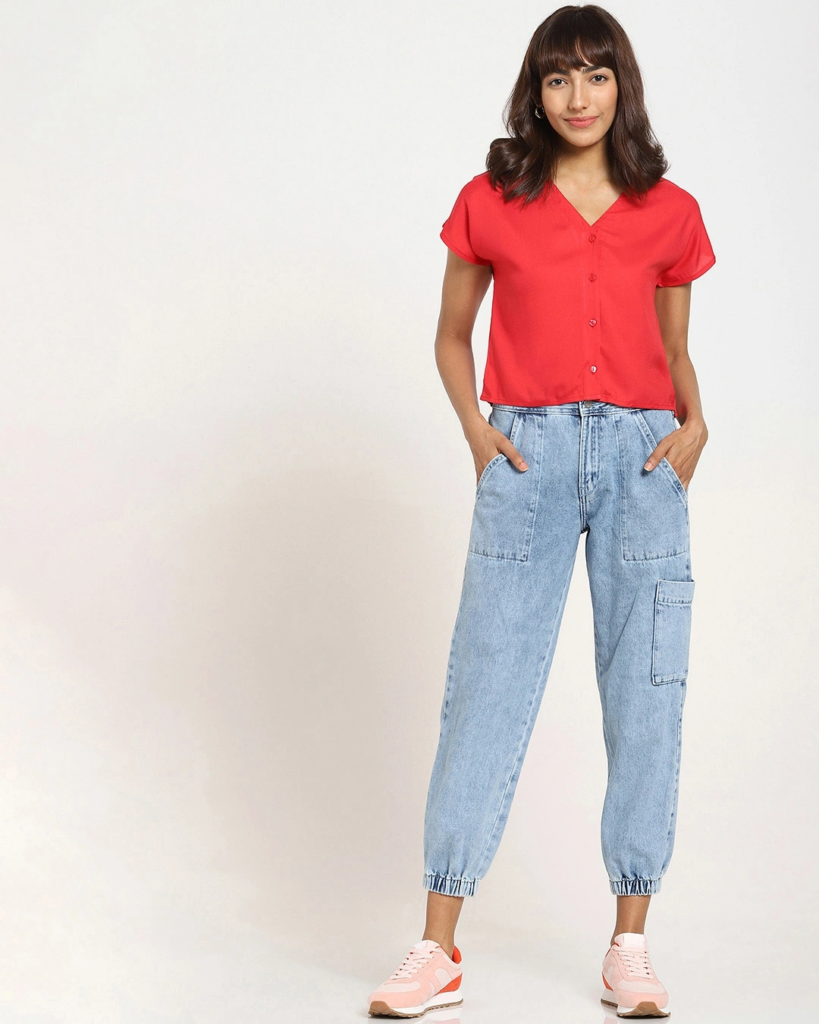 Women's Solid V-Neck Half Sleeve Red Casual Shirt