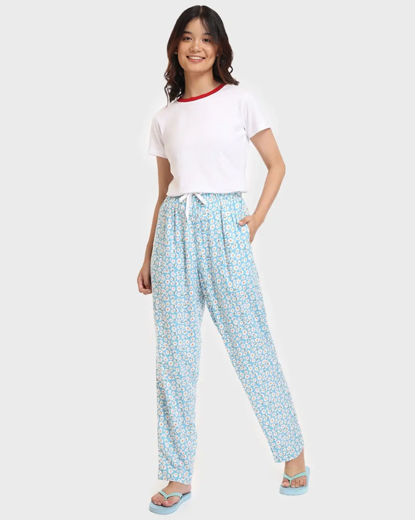 Women's Blue All Over Floral Printed Straight Fit Rayon Pyjamas