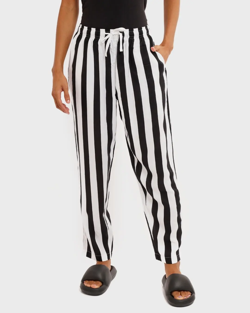 Women's White Striped Straight Fit Rayon Pyjamas