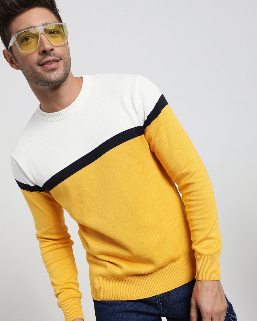 Men's Yellow & White Color Block Flat Knit Sweater