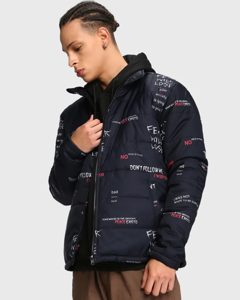 Men's Black All Over Printed Oversized Puffer Jacket