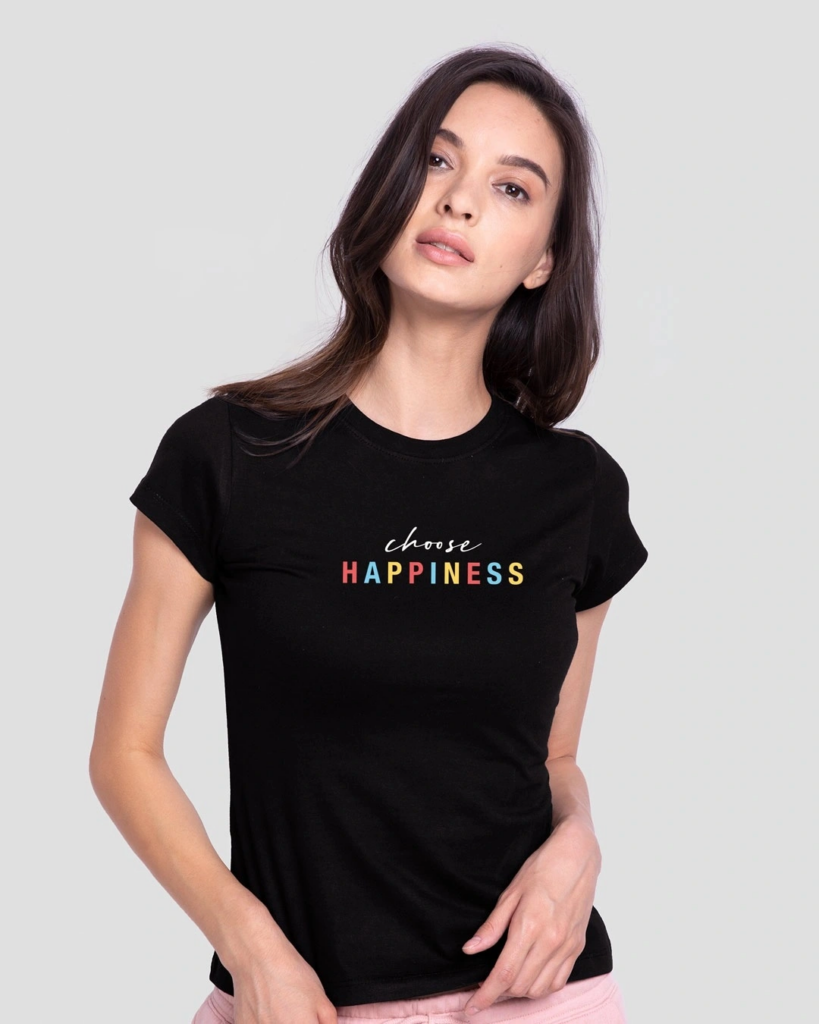 Women's Black Choose Happiness Slim Fit T-shirt