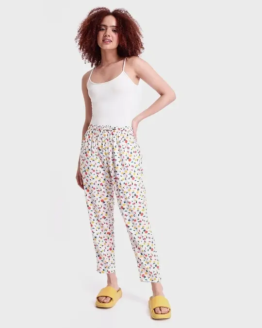 Women's White All Over Printed Pyjamas
