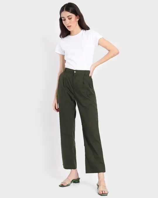 Women's Olive Cotton Flared Trousers