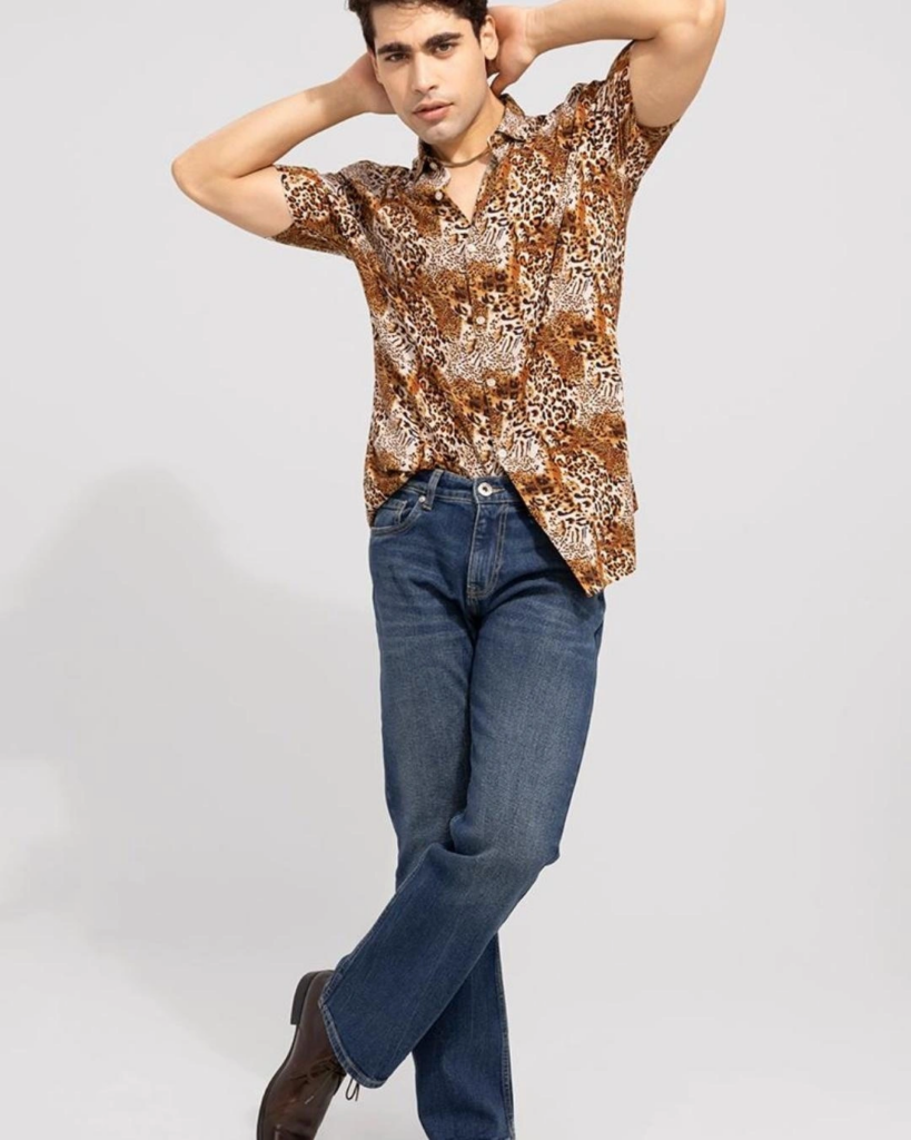 Men's Brown Leopard Animal Printed Slim Fit Shirt