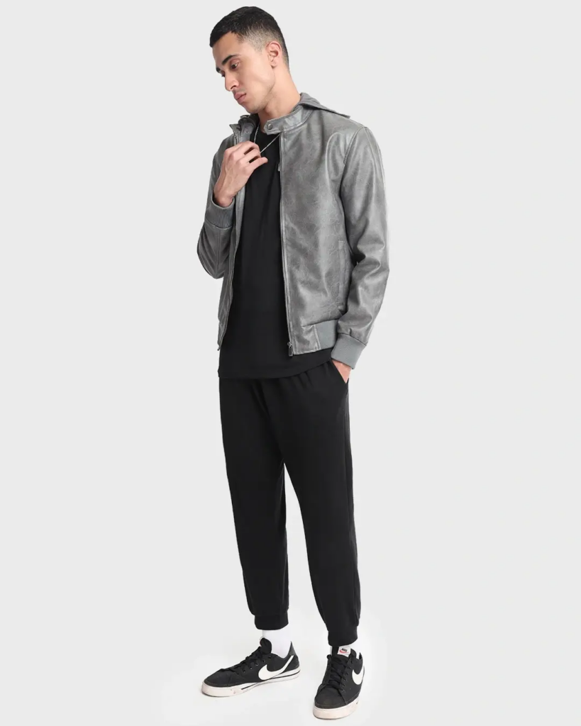 Men's Grey Hooded PU Jacket