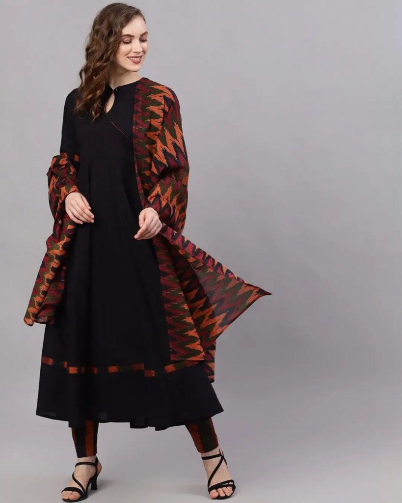 Black Anarkali With Ikat Print Pant & Dupatta - Women's Kurtis Designs