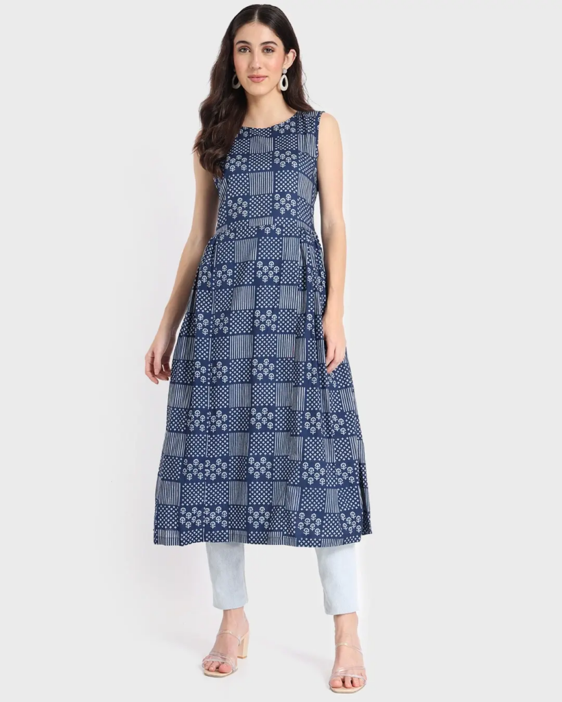 Women's Blue Printed Long Kurti Dress - Women's Kurtis Designs