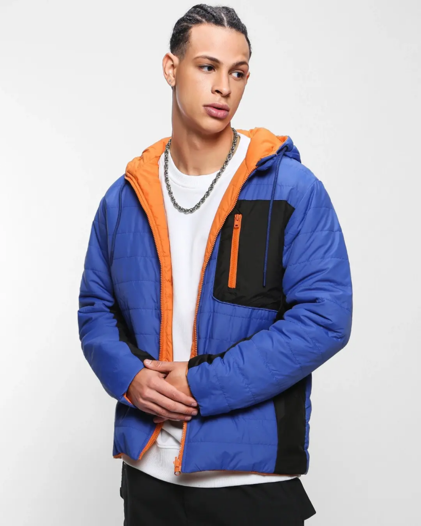 Men's Blue & Orange Color Block Oversized Reversible Puffer Jacket