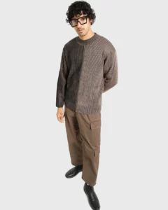 Model wearing sweater with Cargo Pant 