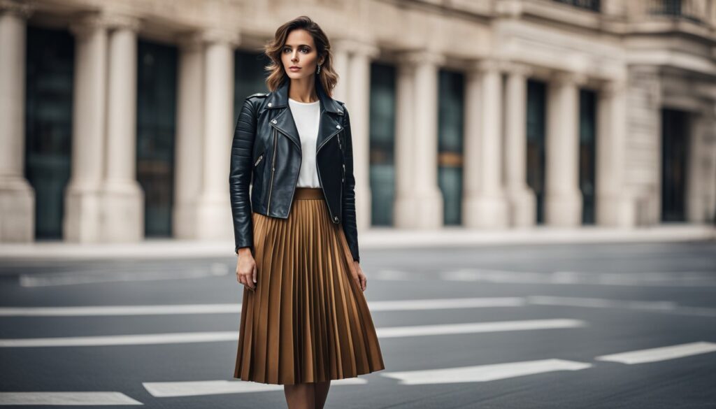 woman wearing chic pleated skirt with leather faux jacket