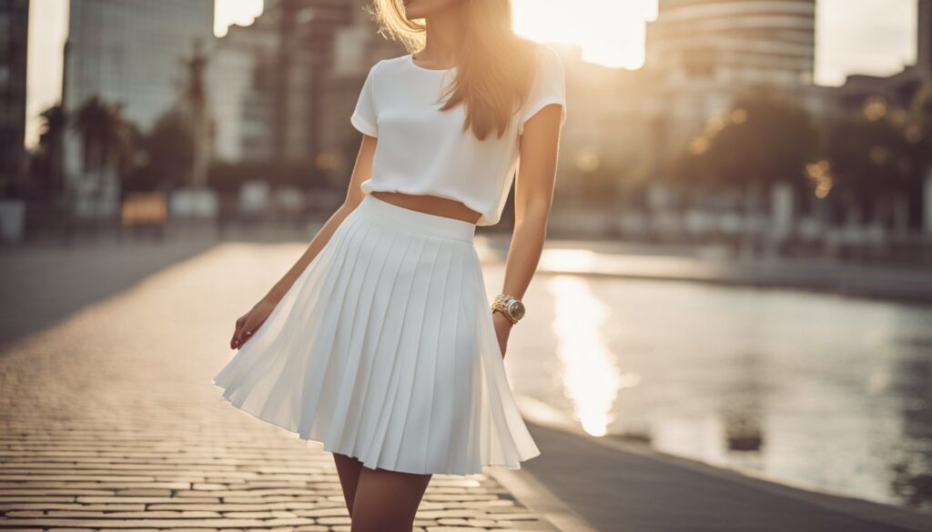 woman wearing chic pleated skirt with t-shirt or top