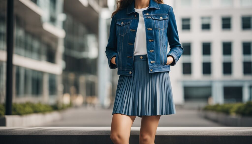 woman wearing chic pleated skirt and a denim jacket