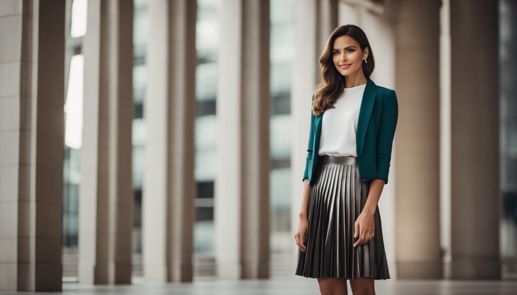 woman wearing chic pleated skirt wearing shiny skirt for an evening or party look