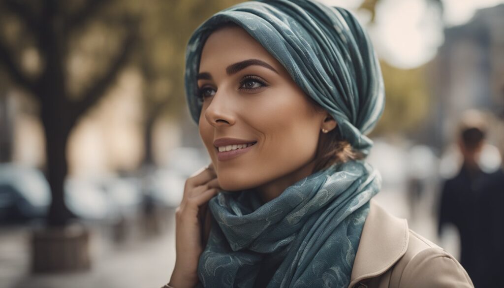 a woman wearing head scarf 
