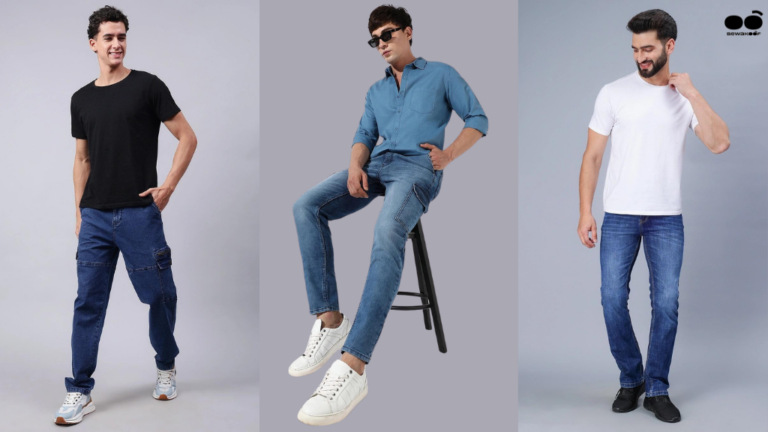 men styled blue jeans with matching shirts