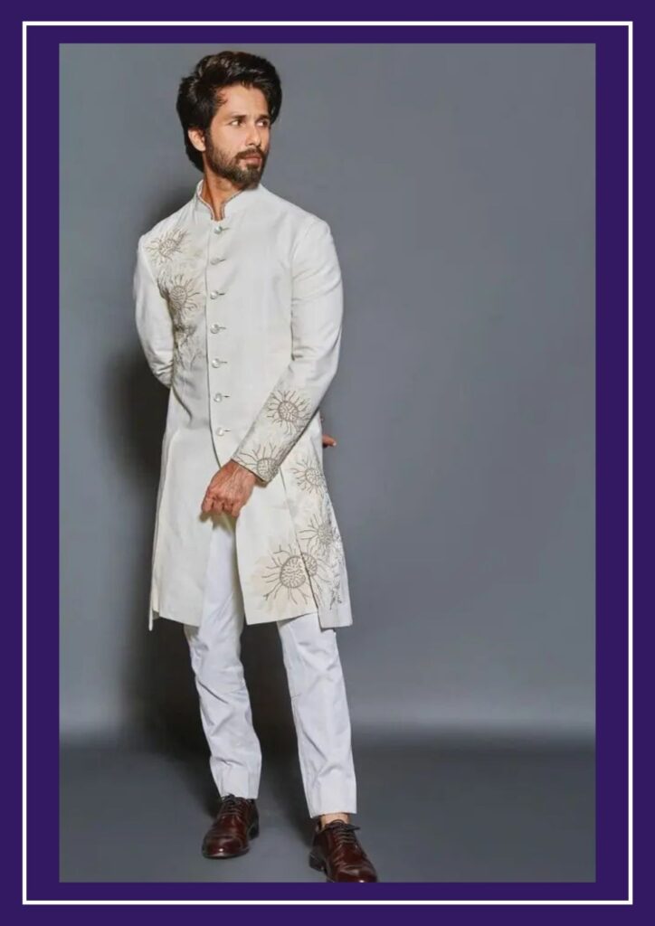 shahid kapoor in white sherwani styled with shoe