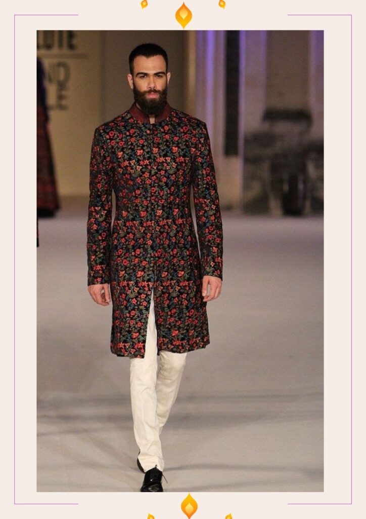 man styled a floral kurta with white pant and shoe 