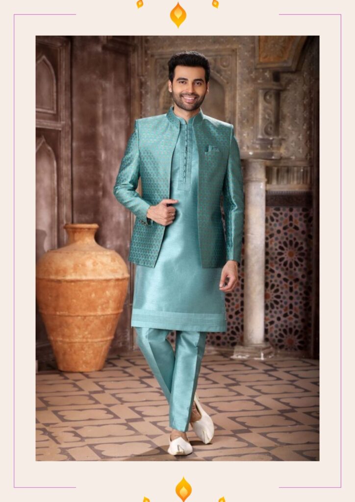 man wearing silk type kurti and paired with shoe