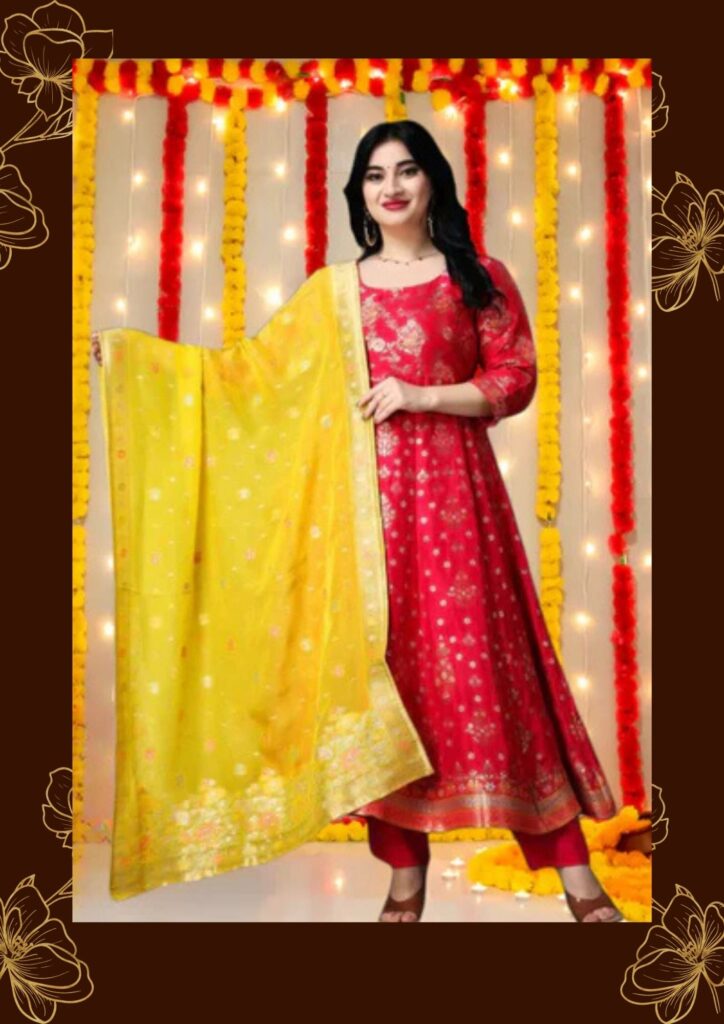 woman paired yellow dupatta and red anarkali with matching jewellry and slipper