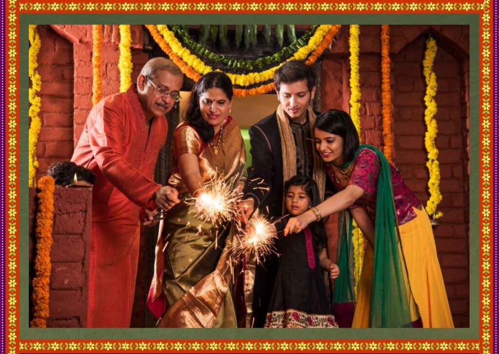 family celebrating diwali with crackers